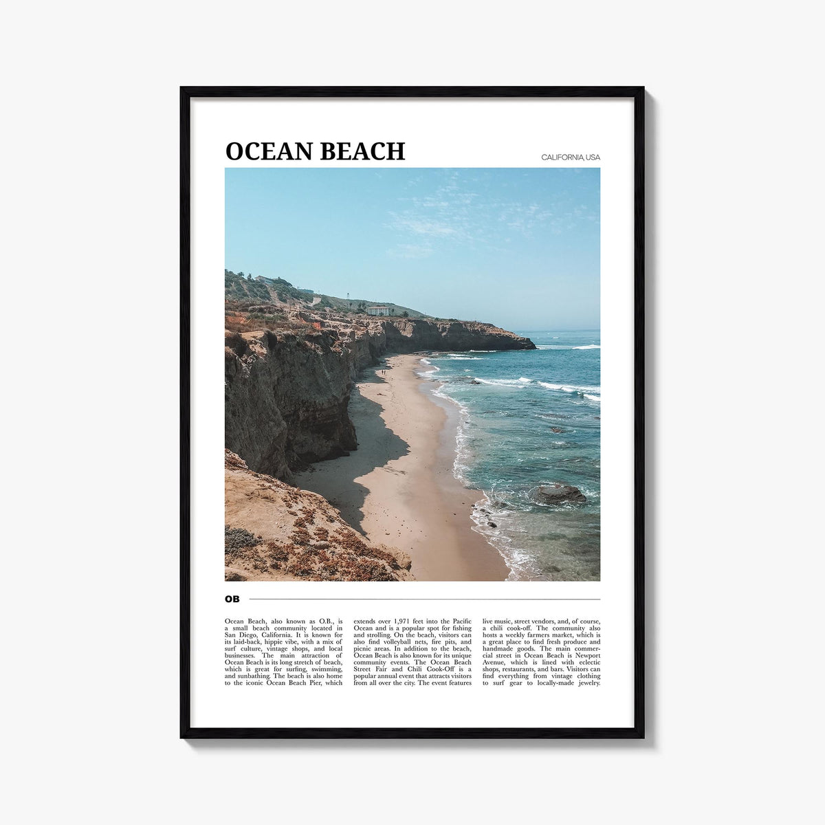 Ocean Beach colorful travel poster of San Diego, California – vertical wall art, unframed print shown in interior mockup