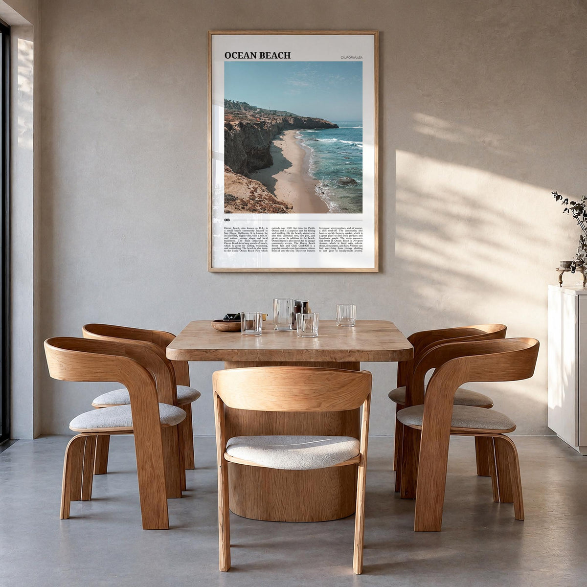 Ocean Beach colorful travel poster of San Diego, California – vertical wall art in natural wood frame, hanging on wall