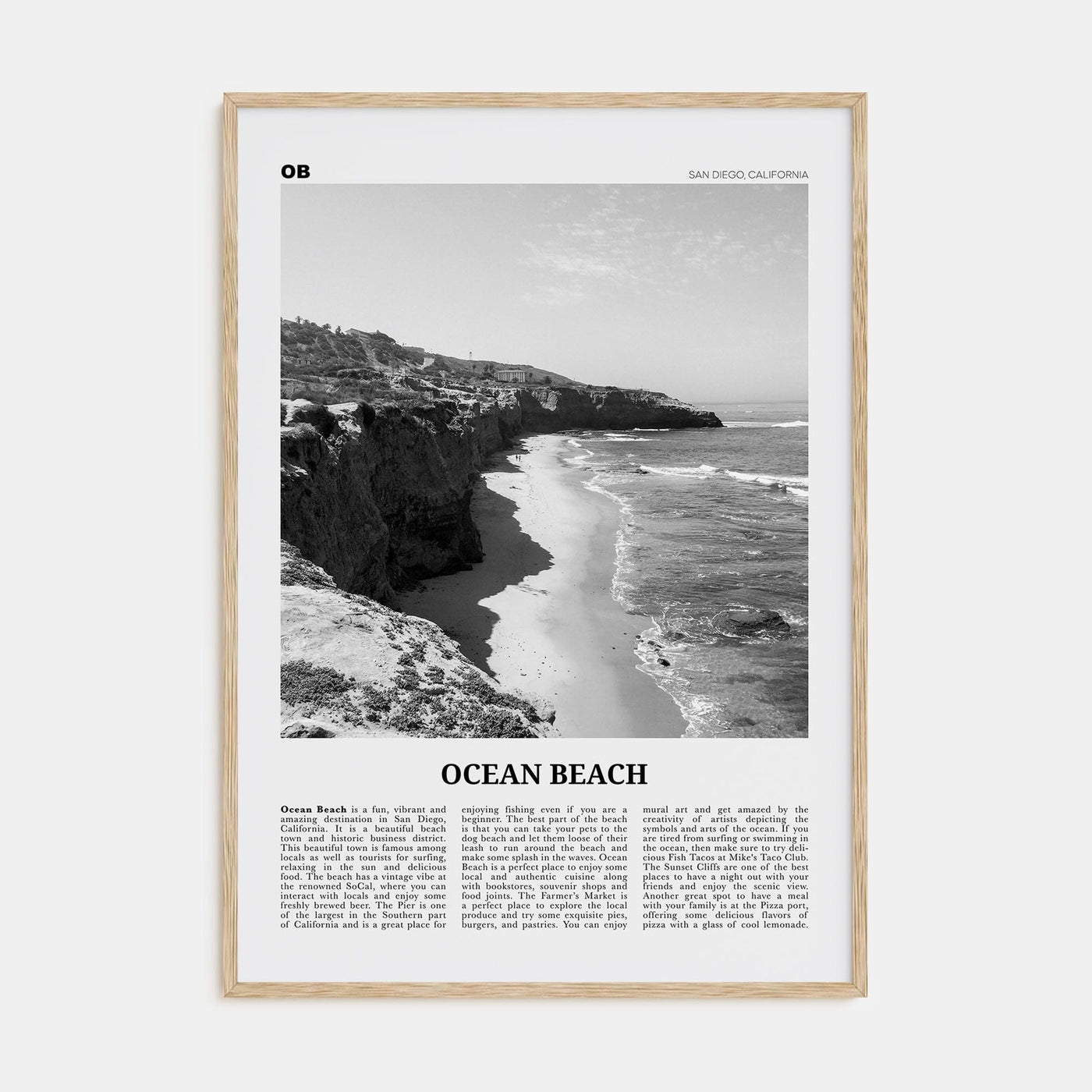 Ocean Beach Poster Natural Wood / 8x12 in Nbourhood Travel B&W Poster