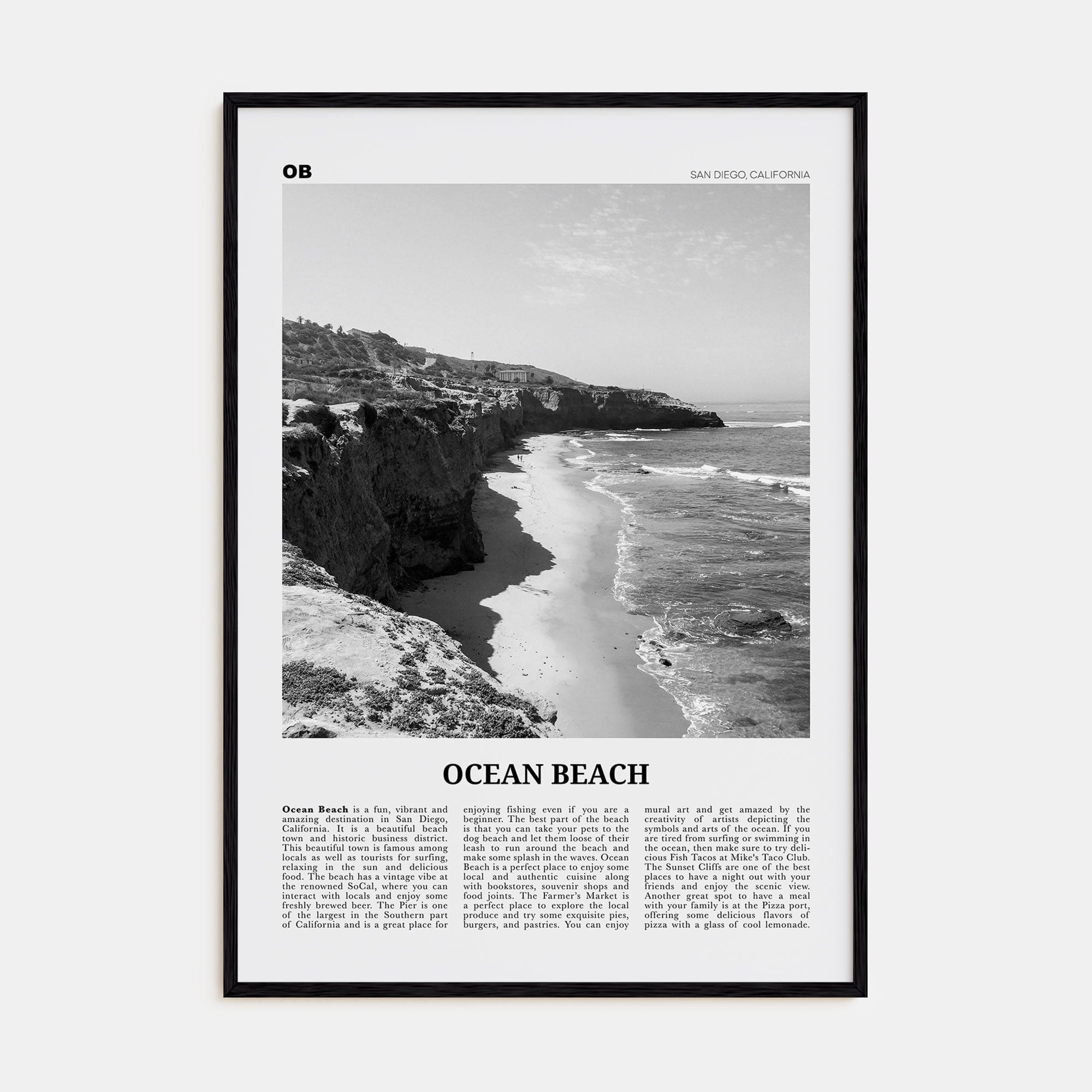 Ocean Beach Poster Black Wood / 8x12 in Nbourhood Travel B&W Poster