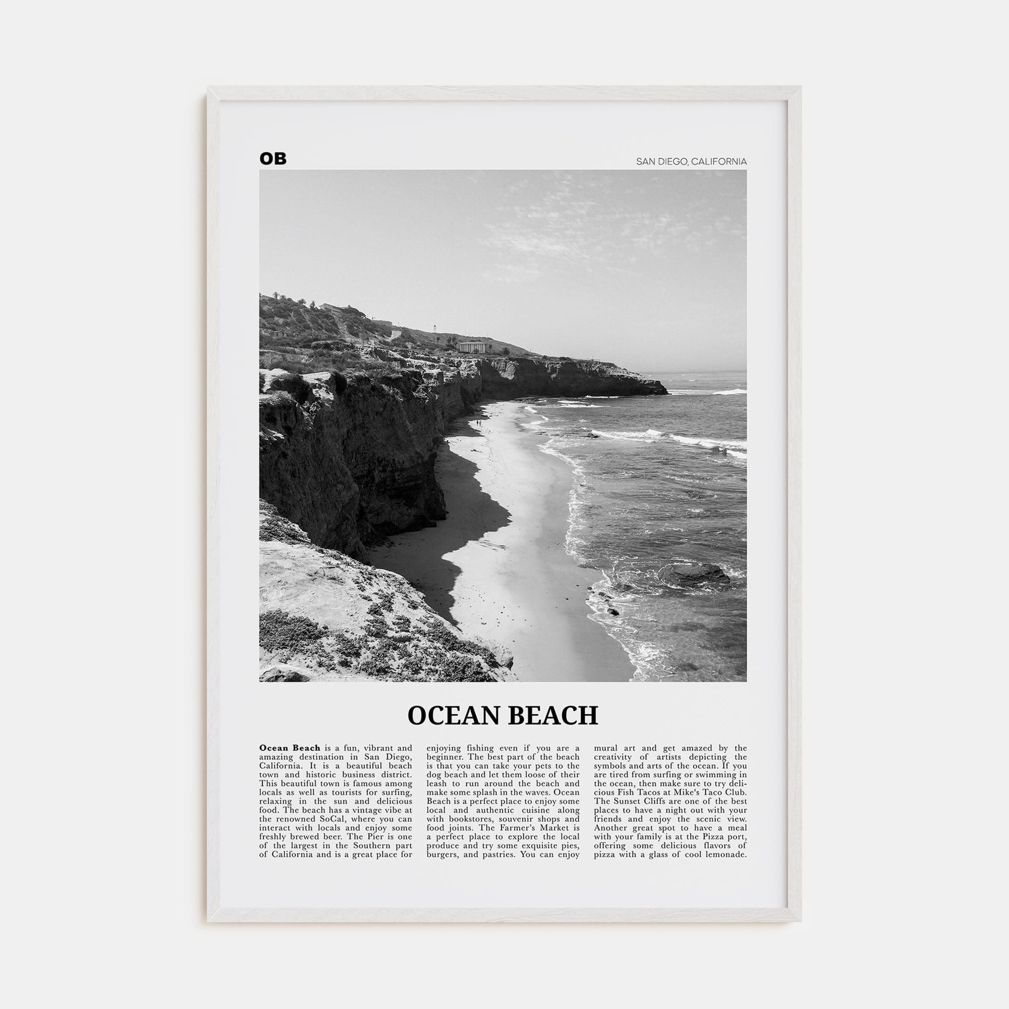 Ocean Beach Poster White Wood / 8x12 in Nbourhood Travel B&W Poster