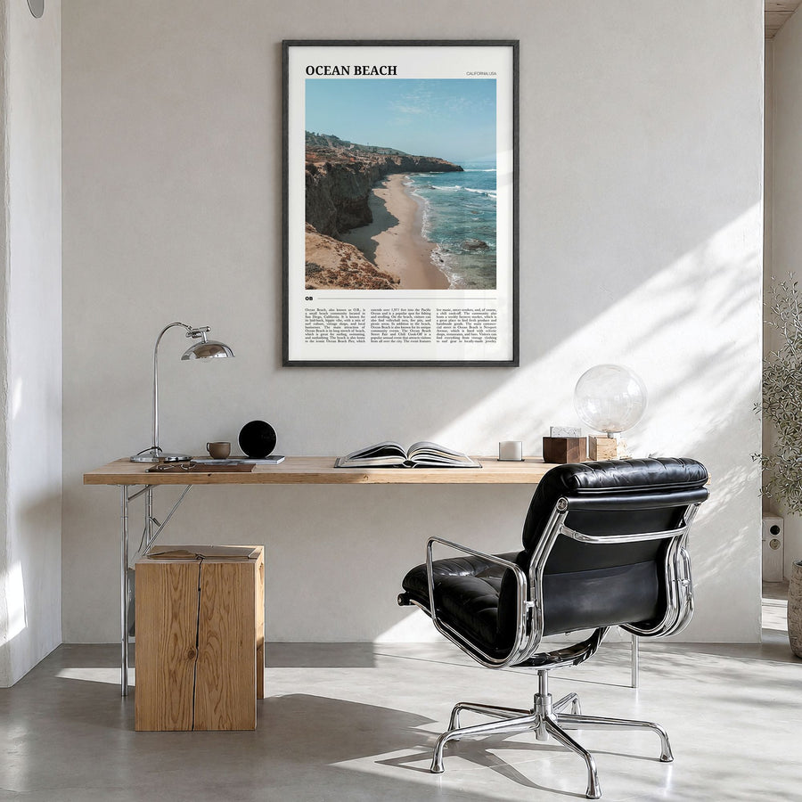 Ocean Beach Travel Poster in a black wood frame, hanging in a bright home office