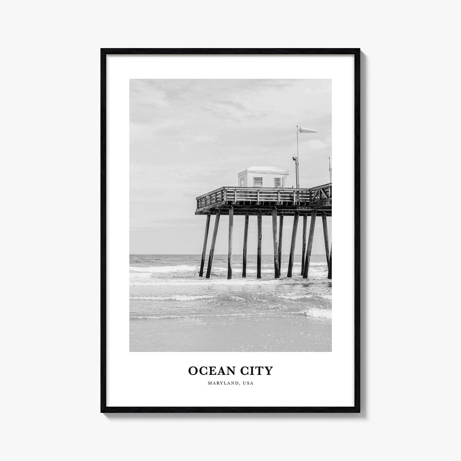 Ocean City, Maryland black & white classic poster of Maryland, USA – vertical wall art, unframed print shown in interior mock
