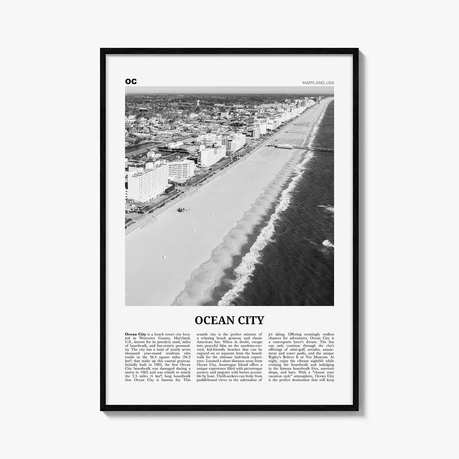 Ocean City, Maryland black & white newspaper poster of Maryland, USA – vertical wall art, unframed print shown in interior mo