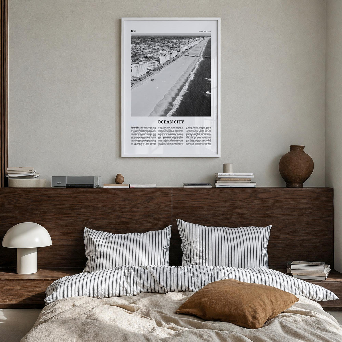 Ocean City, Maryland black & white newspaper poster of Maryland, USA – vertical wall art in white wood frame, hanging on wall