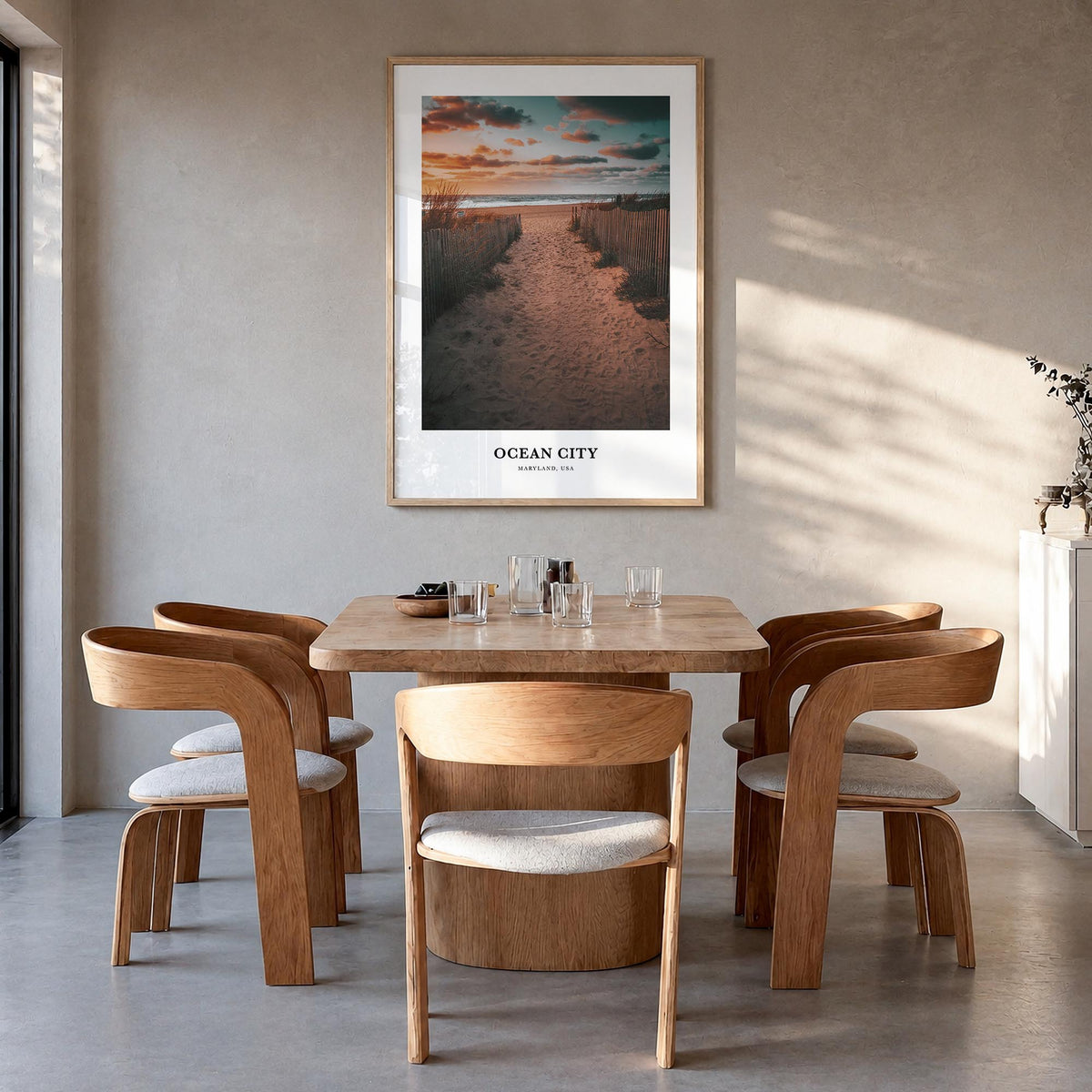 Ocean City, Maryland colorful classic poster of Maryland, USA – vertical wall art in natural wood frame, hanging on wall