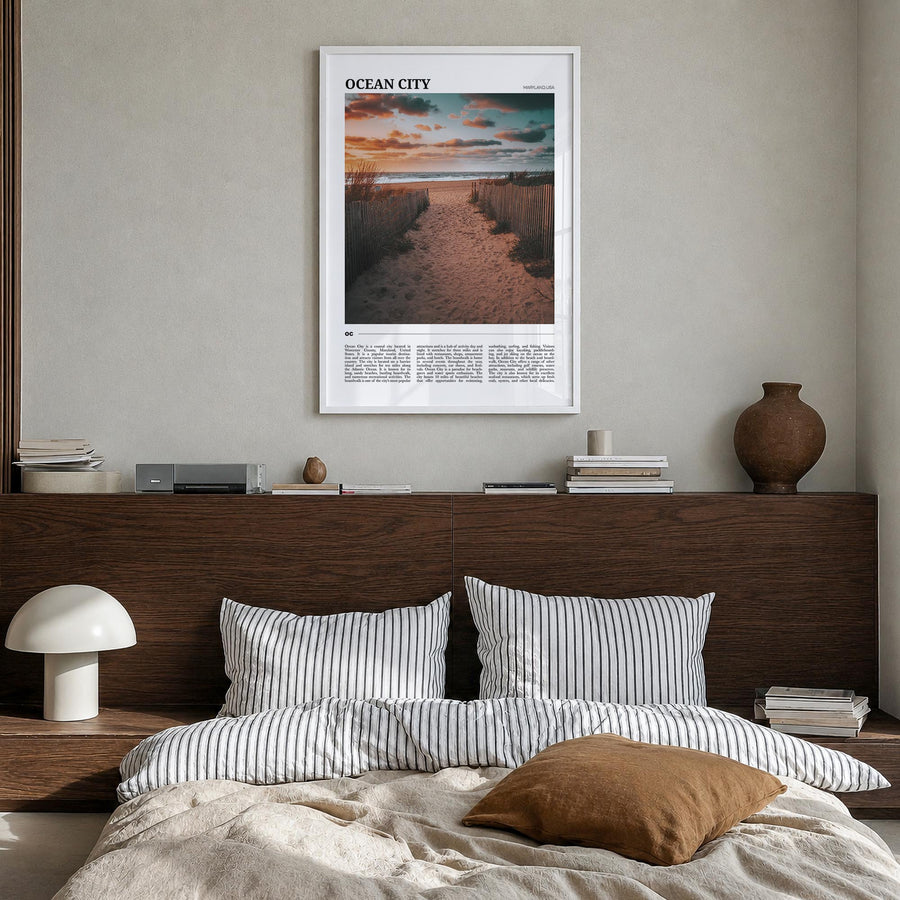 Ocean City, Maryland colorful travel poster of Maryland, USA – vertical wall art in white wood frame, hanging on wall