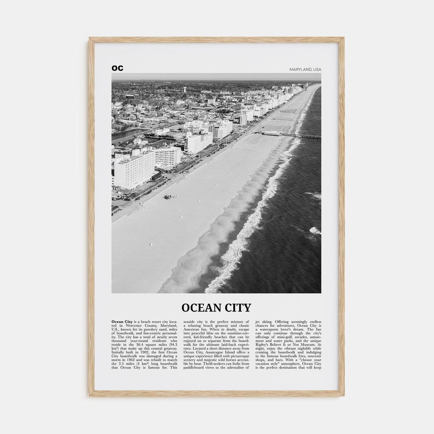 Ocean City, Maryland Poster Natural Wood / 8x12 in Nbourhood Travel B&W Poster