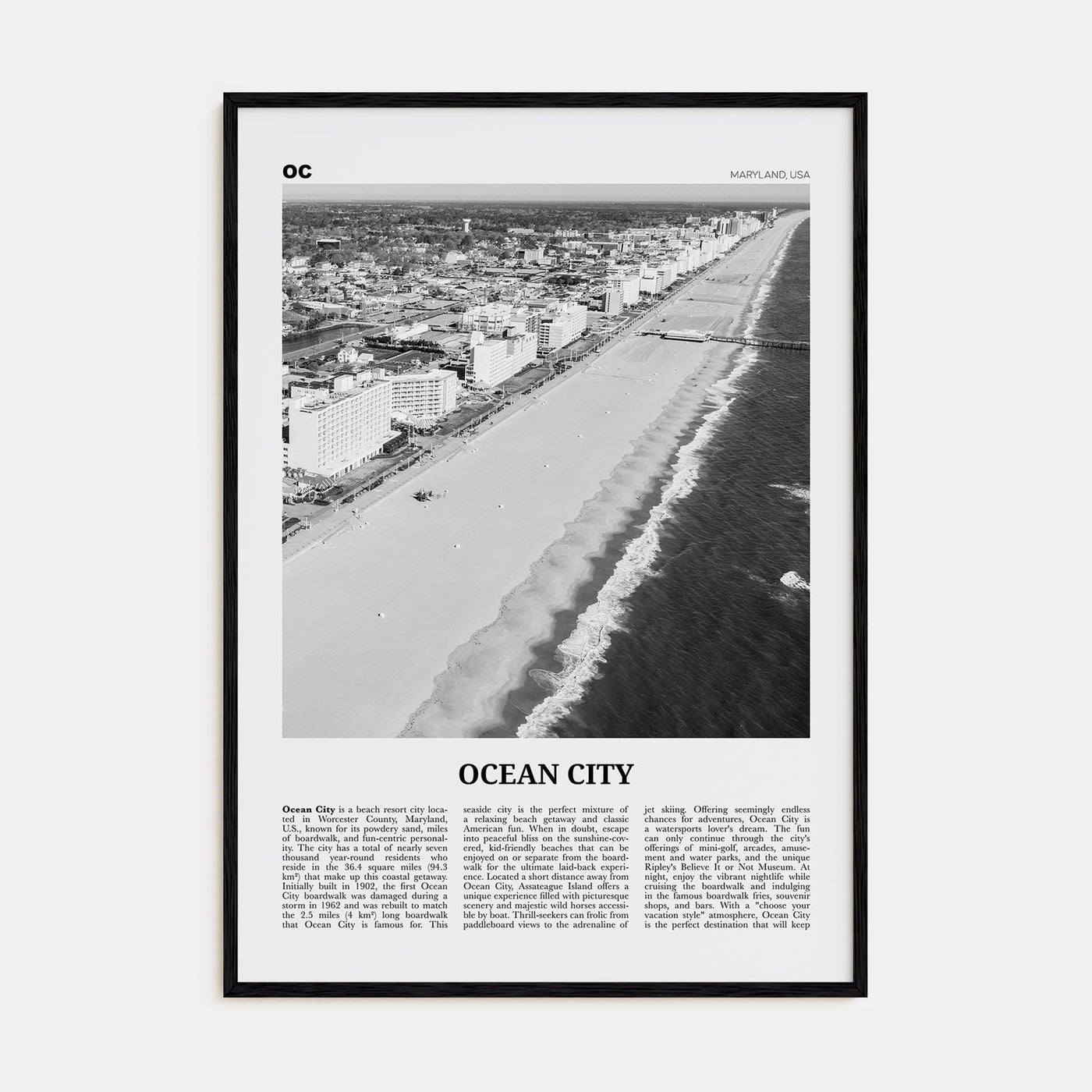 Ocean City, Maryland Poster Black Wood / 8x12 in Nbourhood Travel B&W Poster