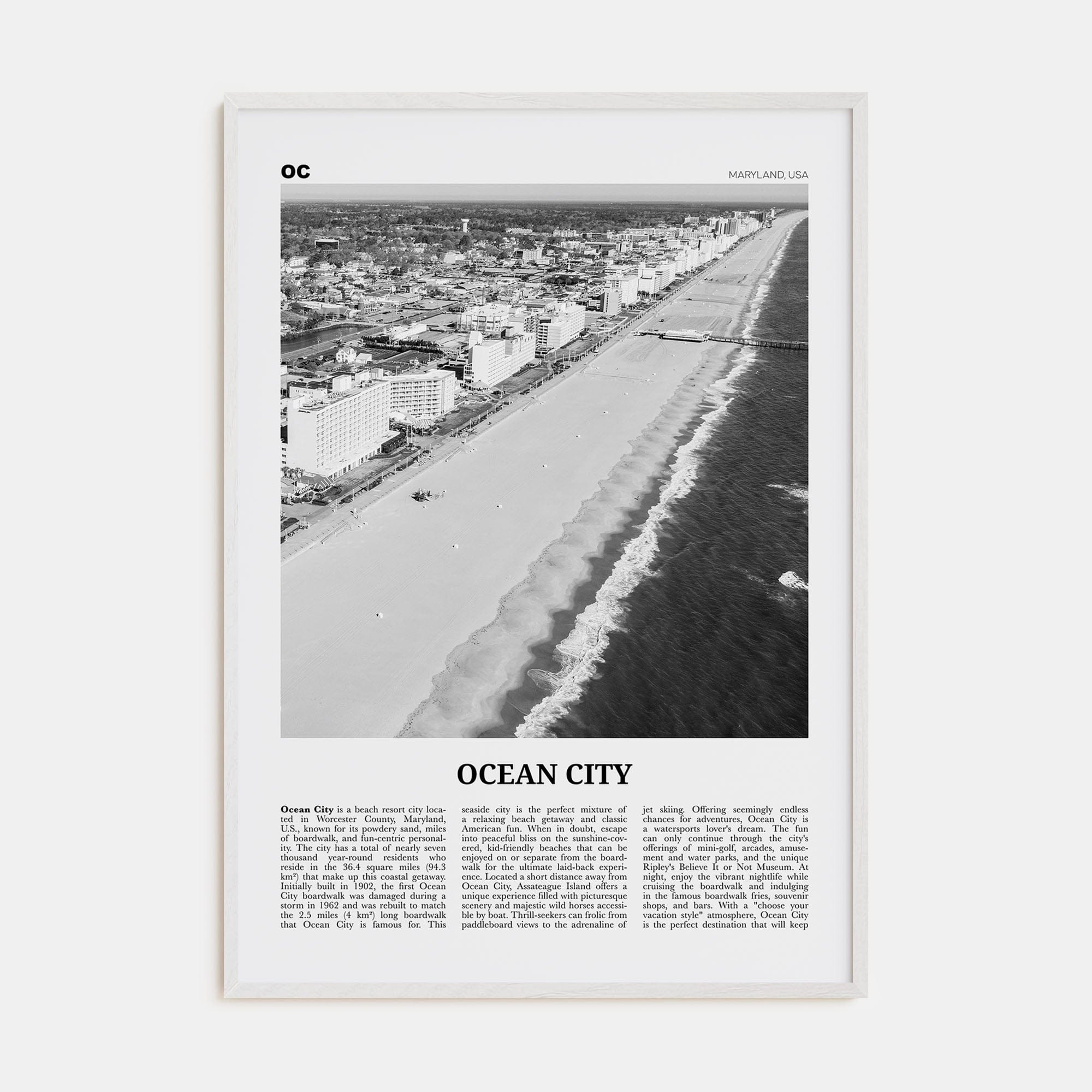 Ocean City, Maryland Poster White Wood / 8x12 in Nbourhood Travel B&W Poster