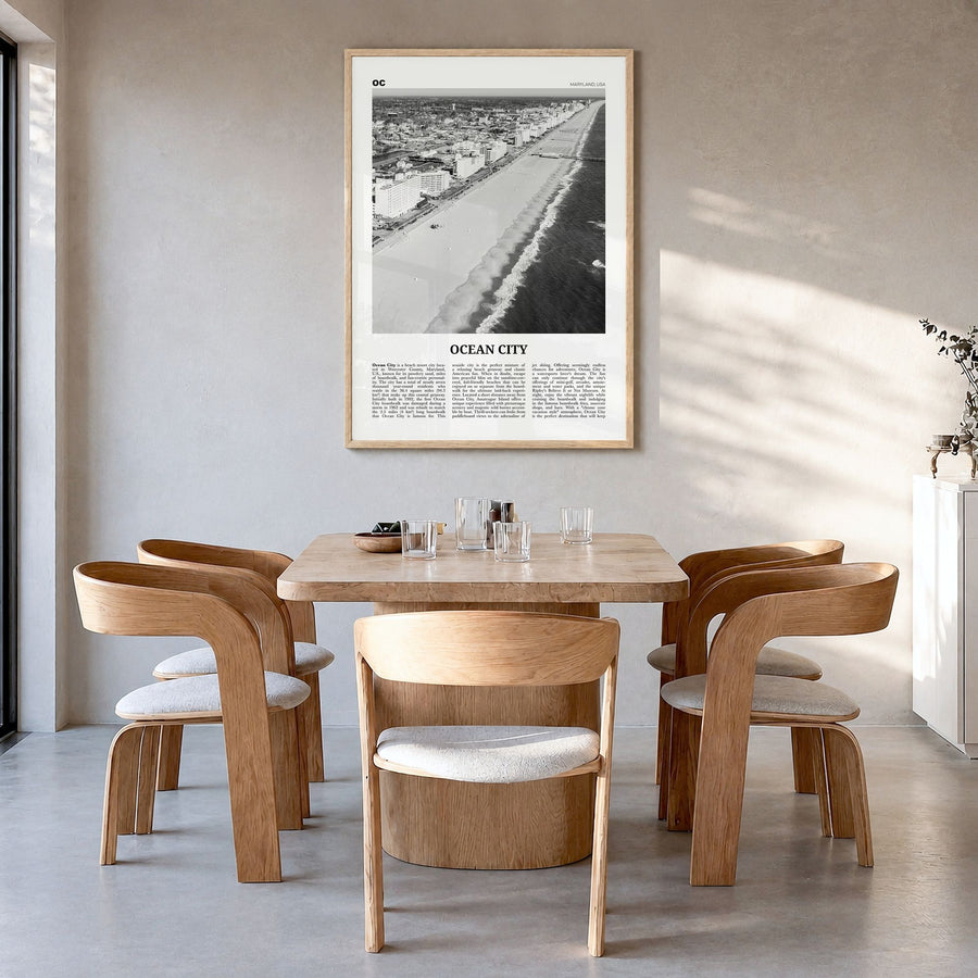 Ocean City, Maryland Newspaper Poster in a natural wood frame, hanging in a dining room
