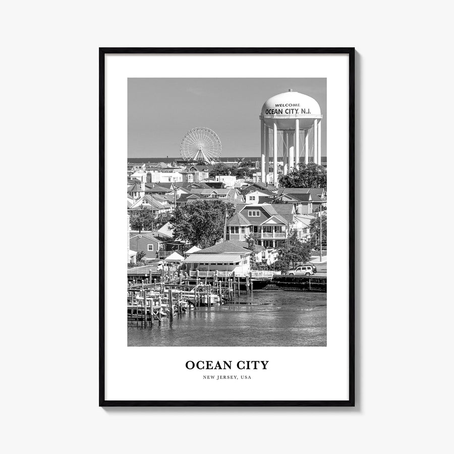 Ocean City, New Jersey black & white classic poster of New Jersey, USA – vertical wall art, unframed print shown in interior 
