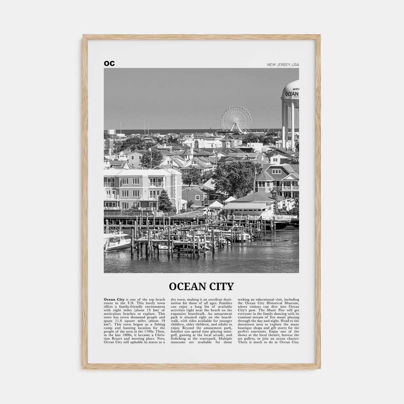 Ocean City, New Jersey No 1 Poster Natural Wood / 8x12 in Nbourhood Travel B&W Poster