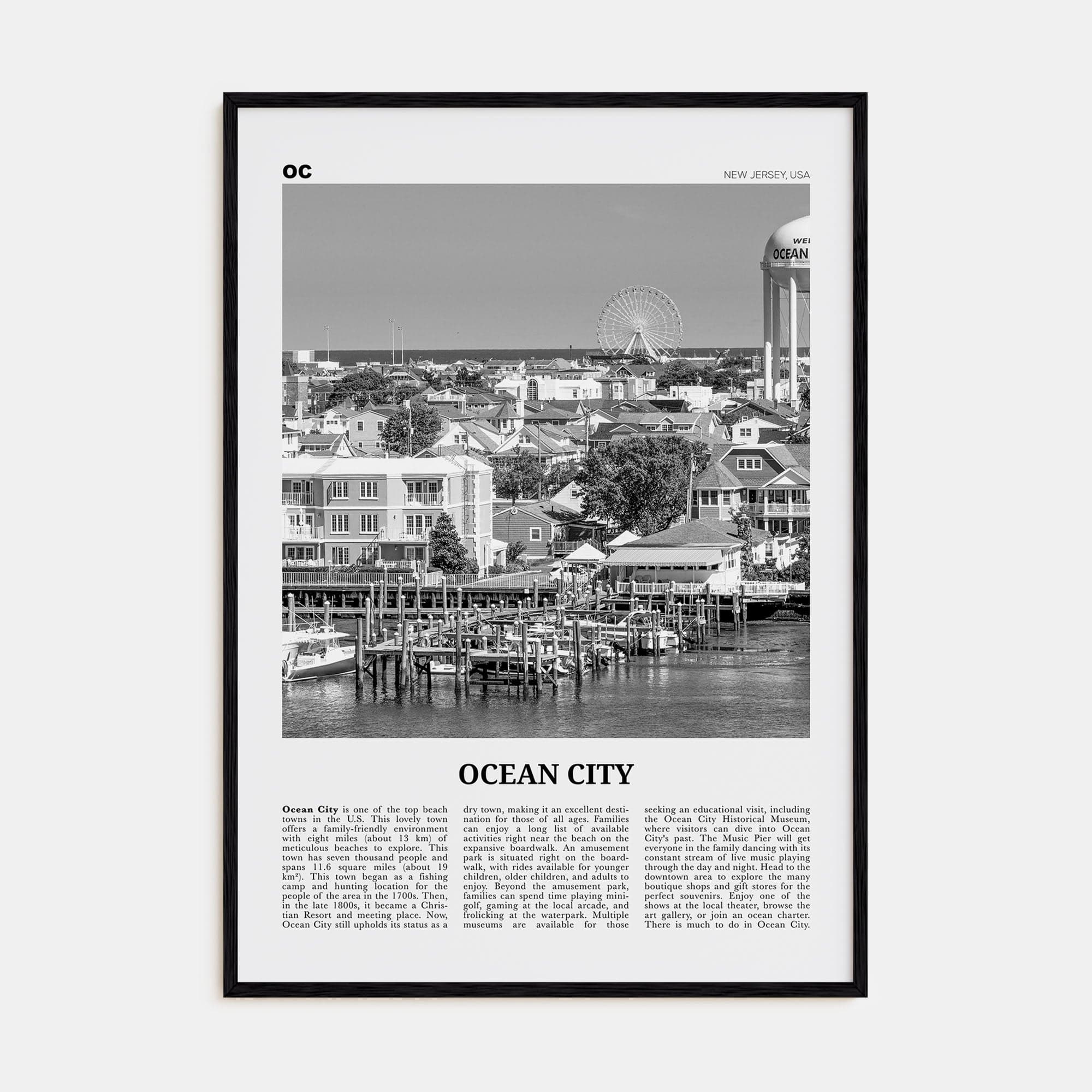 Ocean City, New Jersey No 1 Poster Black Wood / 8x12 in Nbourhood Travel B&W Poster