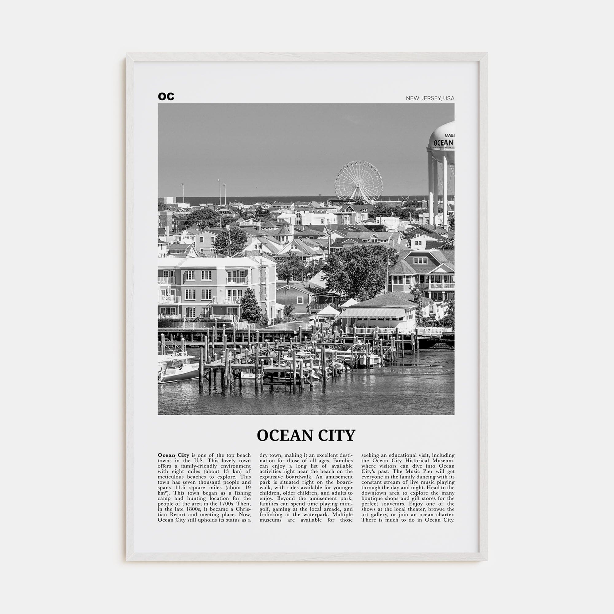 Ocean City, New Jersey No 1 Poster White Wood / 8x12 in Nbourhood Travel B&W Poster