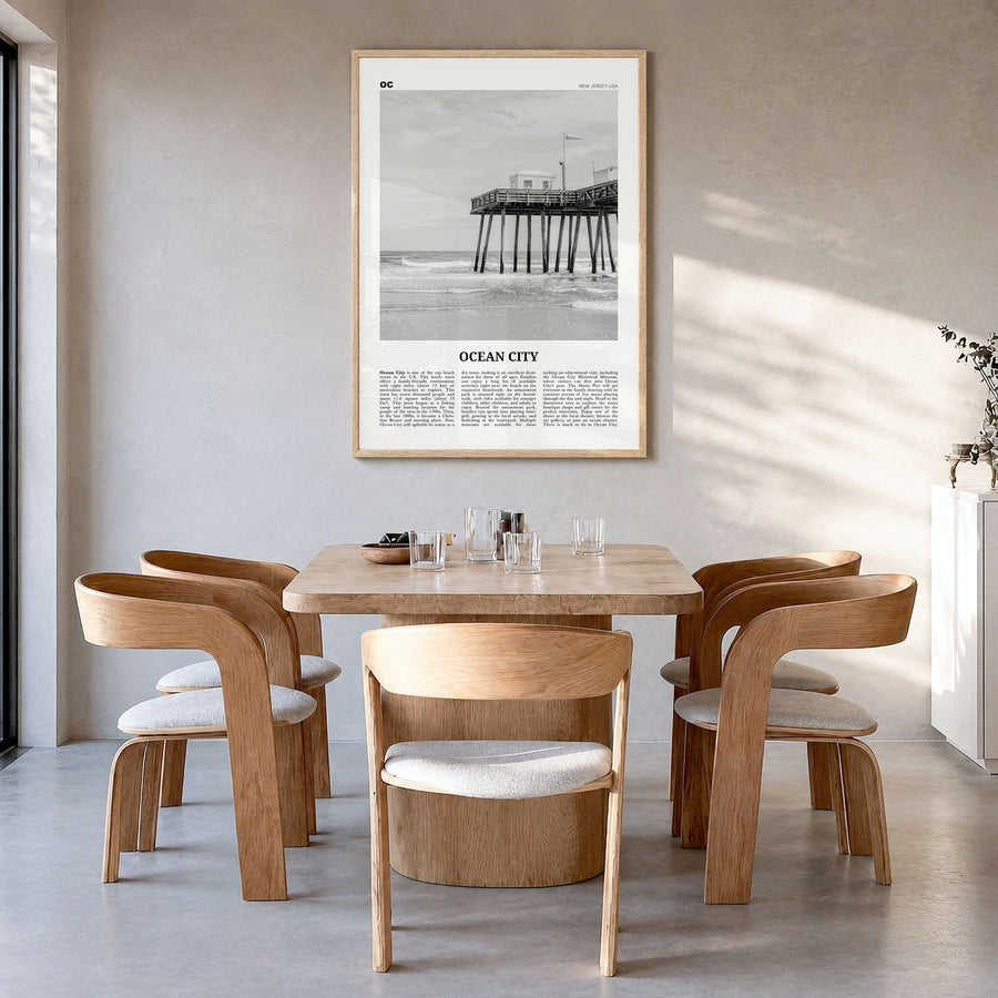 Ocean City, New Jersey Newspaper No 2 Poster in a natural wood frame, hanging in a dining room