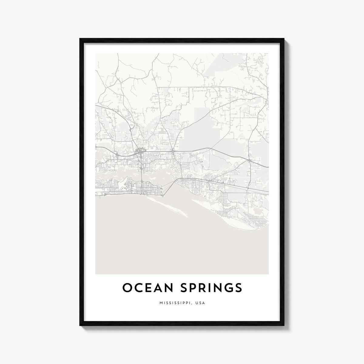 Ocean Springs black & white map poster of Mississippi, USA – vertical wall art, unframed print shown in interior mockup