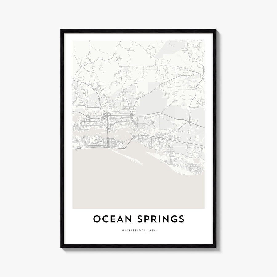 Ocean Springs black & white map poster of Mississippi, USA – vertical wall art, unframed print shown in interior mockup