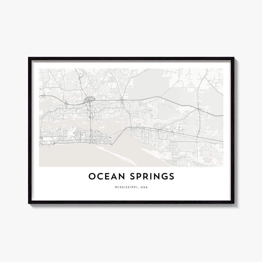 Ocean Springs black & white map poster of Mississippi, USA – horizontal wall art, unframed print shown in interior mockup