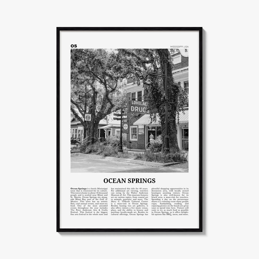 Ocean Springs black & white newspaper poster of Mississippi, USA – vertical wall art, unframed print shown in interior mockup