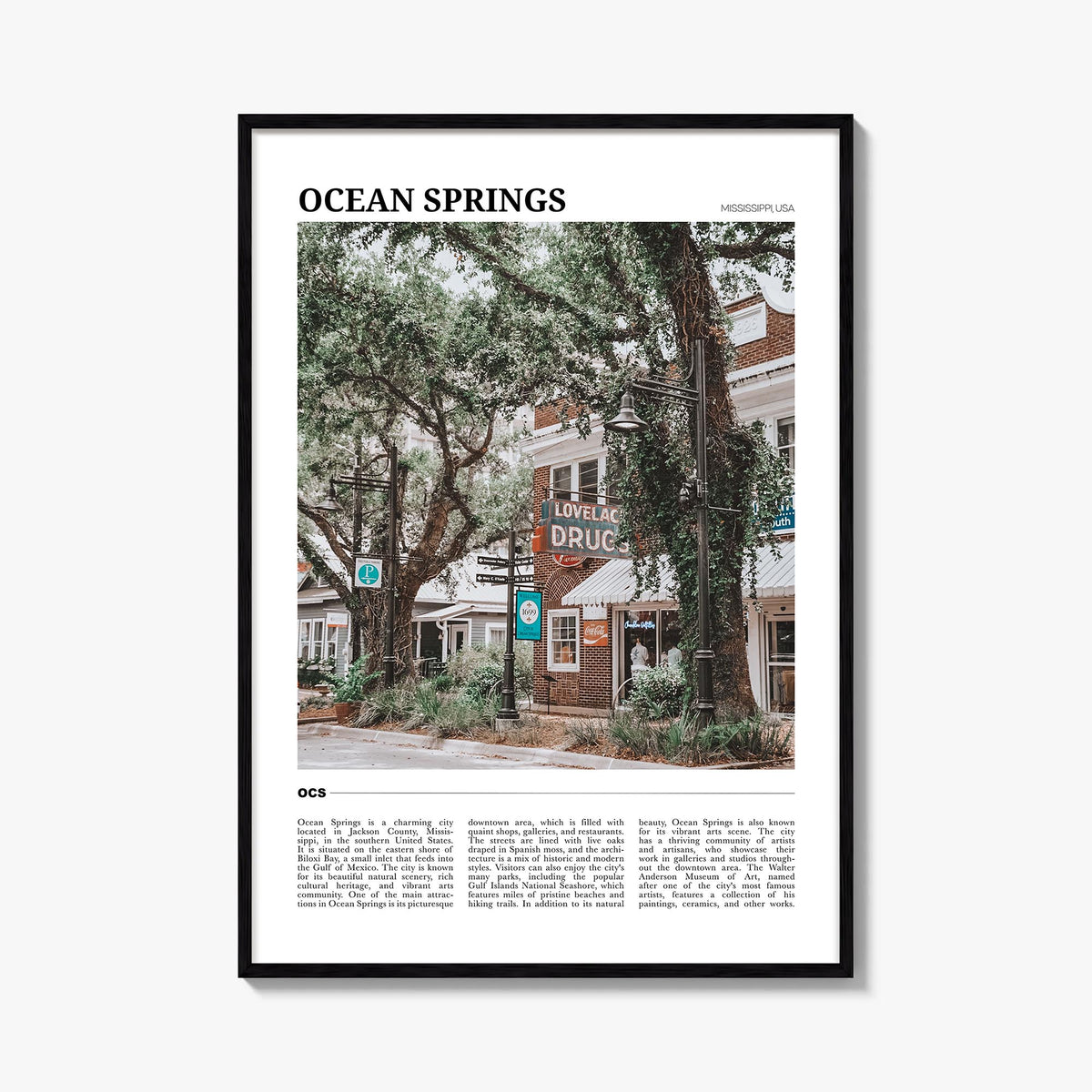 Ocean Springs colorful travel poster of Mississippi, USA – vertical wall art, unframed print shown in interior mockup