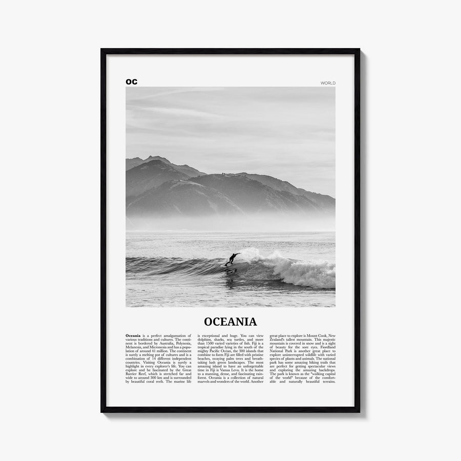Oceania black & white newspaper poster – vertical wall art, unframed print shown in interior mockup