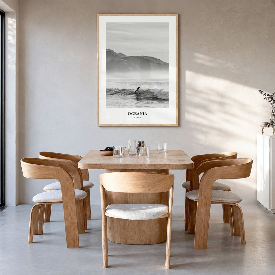 Oceania Classic Poster in a natural wood frame, hanging in a dining room