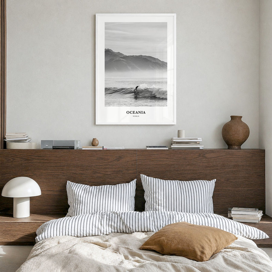 Oceania Classic Poster in a white wood frame, hanging in a bedroom