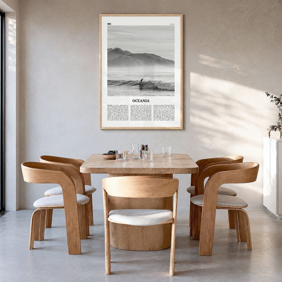 Oceania Newspaper Poster in a natural wood frame, hanging in a dining room