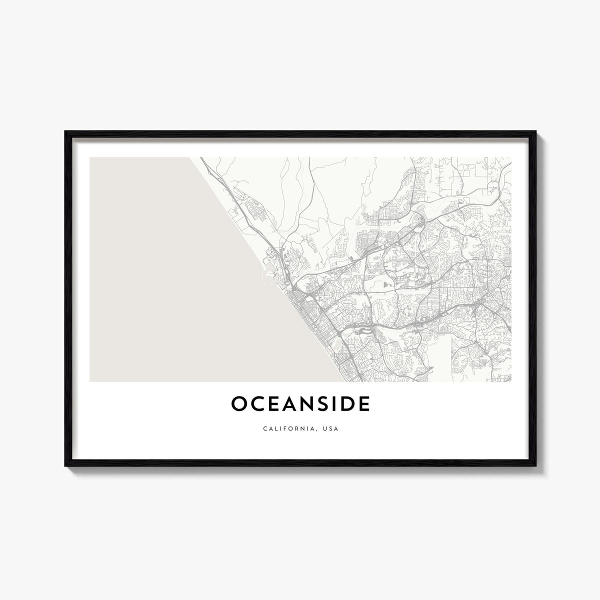 Oceanside black & white map poster of California, USA – horizontal wall art, unframed print shown in interior mockup