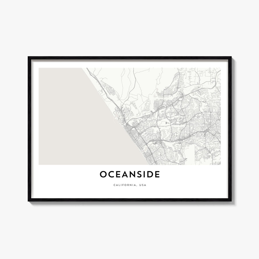 Oceanside black & white map poster of California, USA – horizontal wall art, unframed print shown in interior mockup