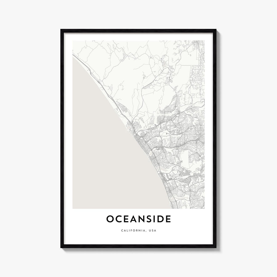 Oceanside black & white map poster of California, USA – vertical wall art, unframed print shown in interior mockup