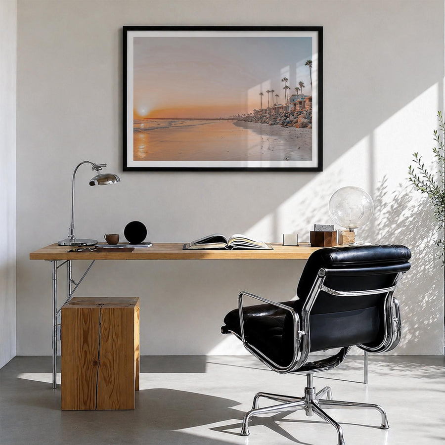 Oceanside colorful photo poster of California, USA – horizontal wall art in black wood frame with white border, hanging on wa