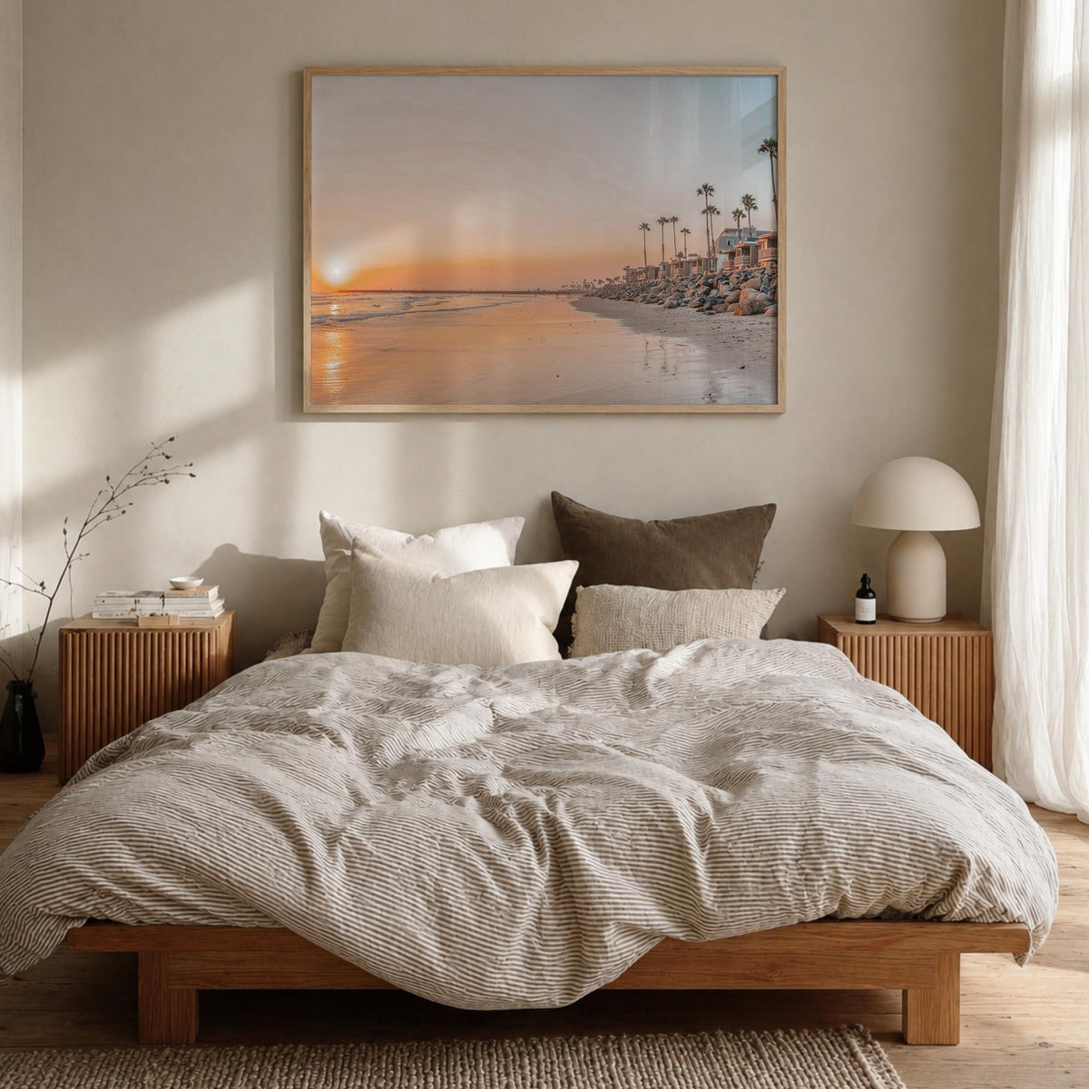 Oceanside colorful photo poster of California, USA – horizontal wall art in natural wood frame, hanging on wall