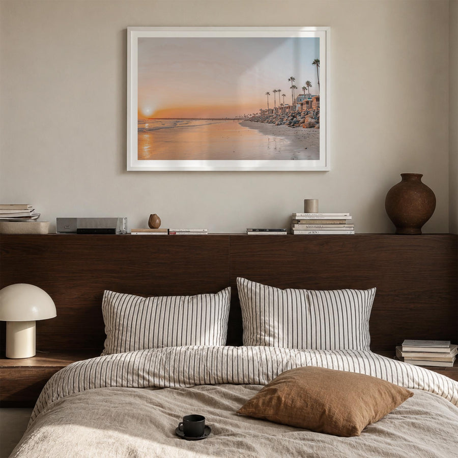 Oceanside colorful photo poster of California, USA – horizontal wall art in white wood frame with white border, hanging on wa