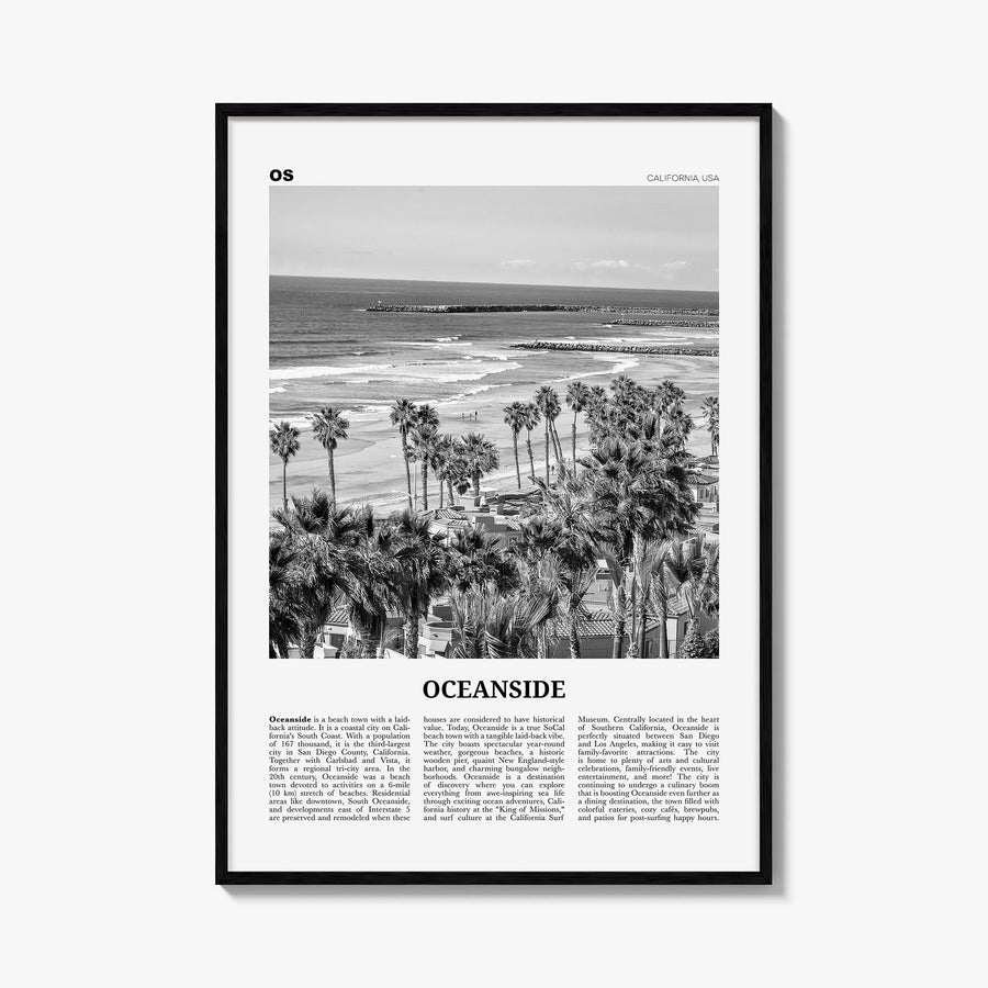 Oceanside no. 1 black & white newspaper poster of California, USA – vertical wall art, unframed print shown in interior mocku