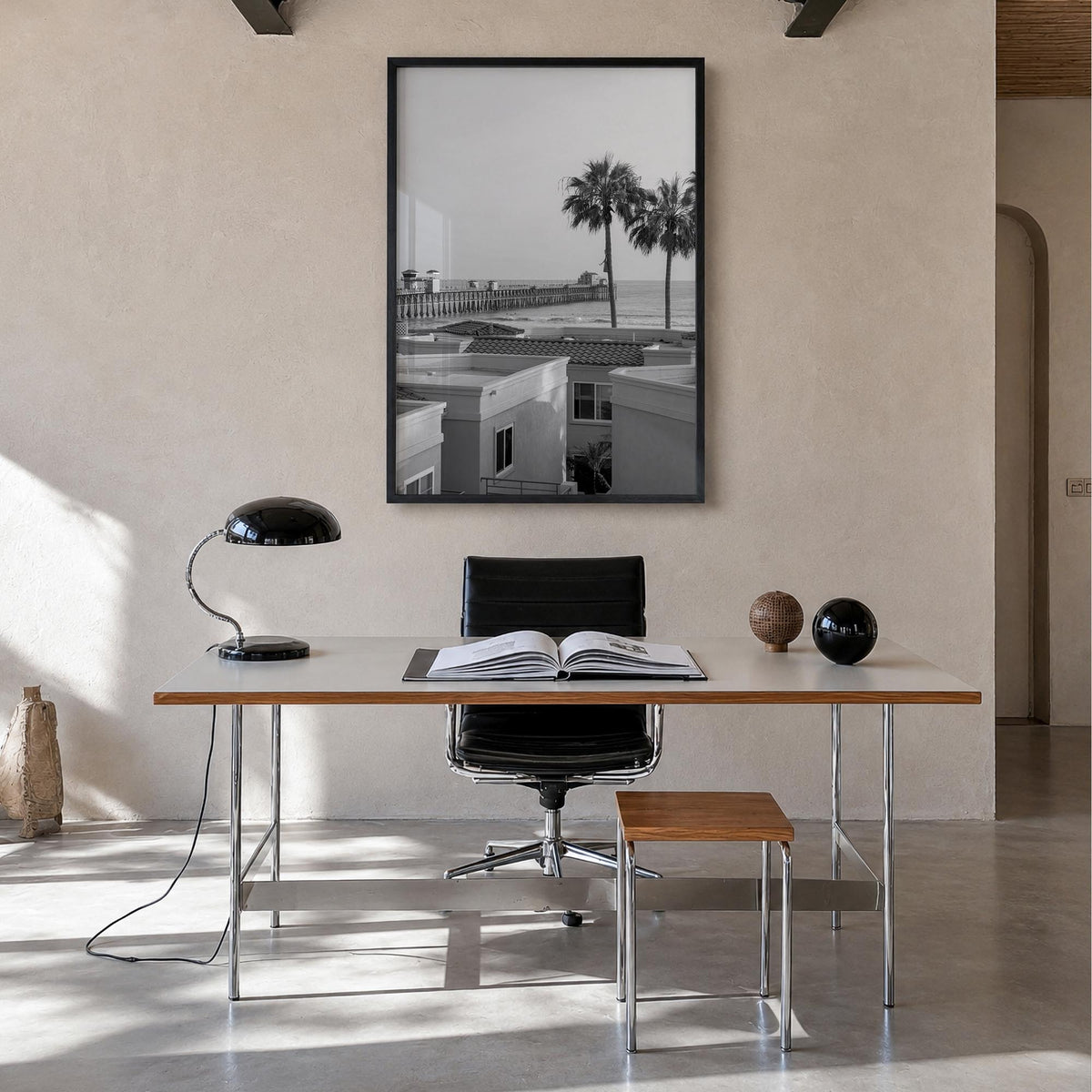 Oceanside no. 1 black & white photo poster of California, USA – vertical wall art in black wood frame, hanging on wall