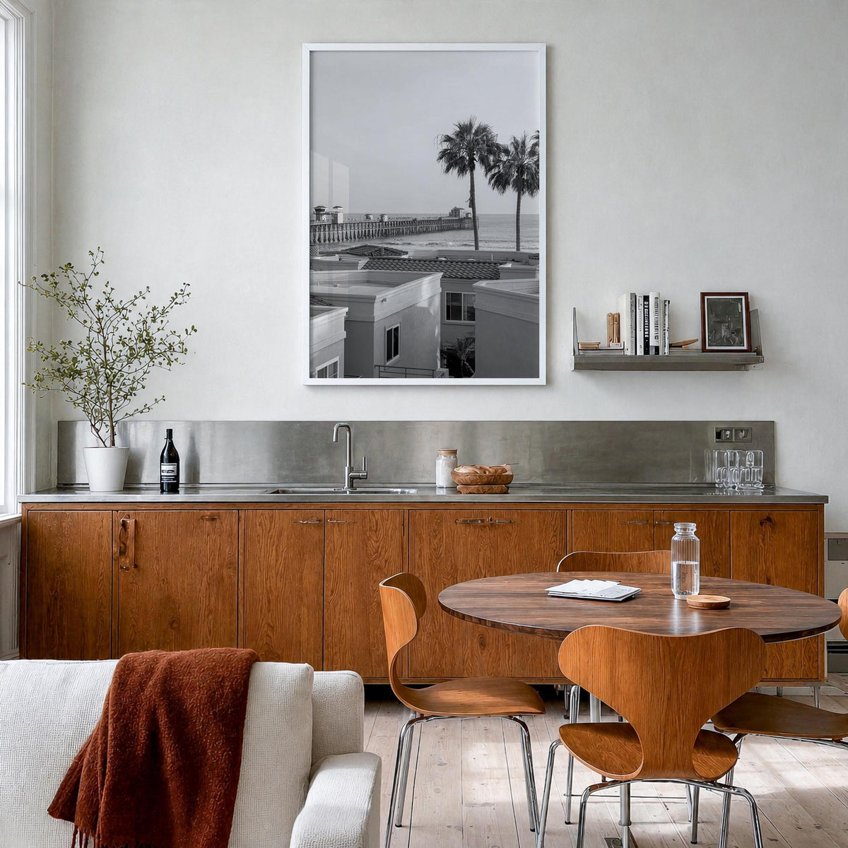 Oceanside no. 1 black & white photo poster of California, USA – vertical wall art in white wood frame, hanging on wall