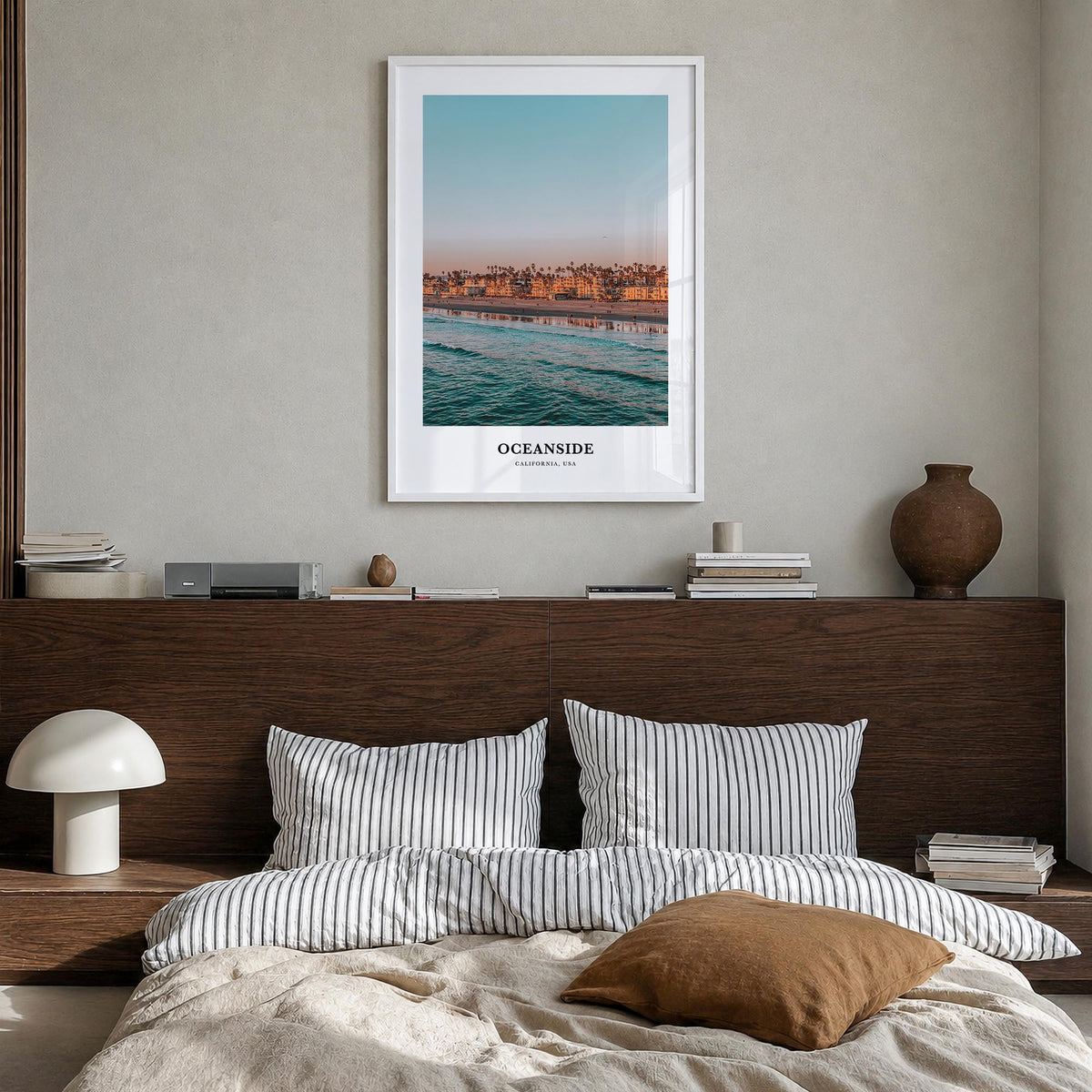 Oceanside no. 1 colorful classic poster of California, USA – vertical wall art in white wood frame, hanging on wall