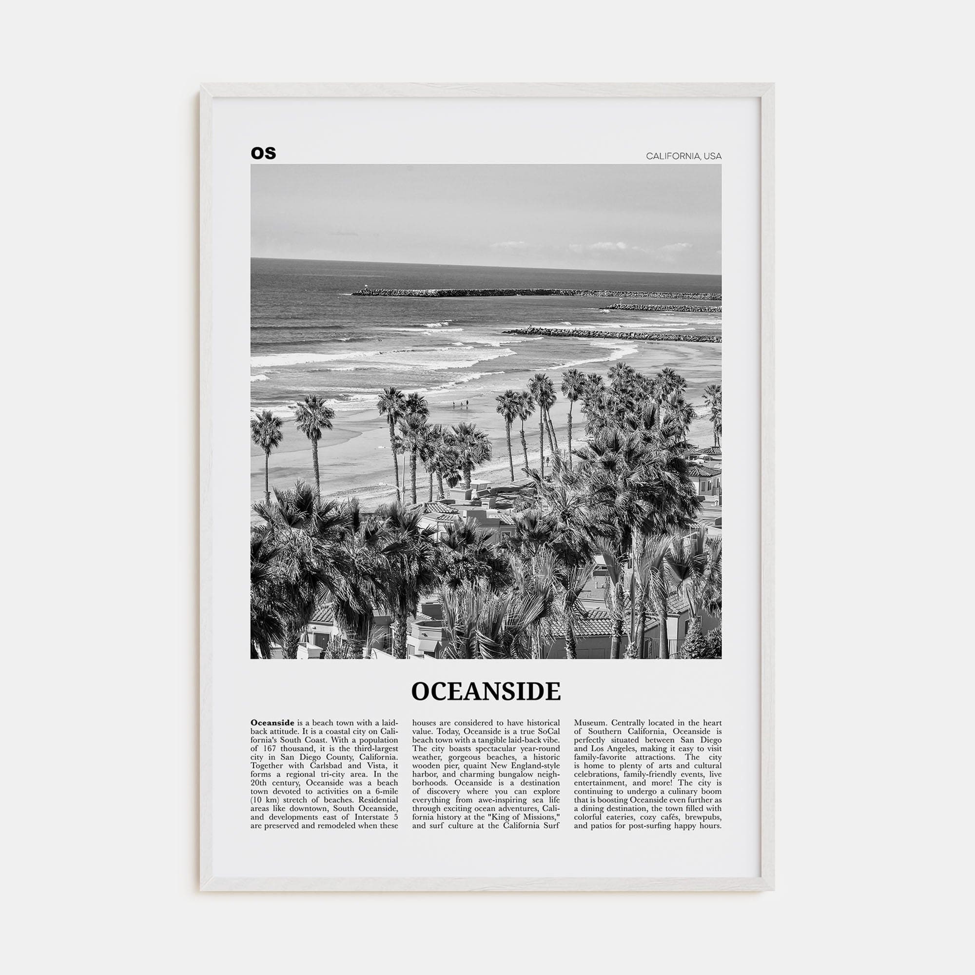 Oceanside No 1 Poster White Wood / 8x12 in Nbourhood Travel B&W Poster