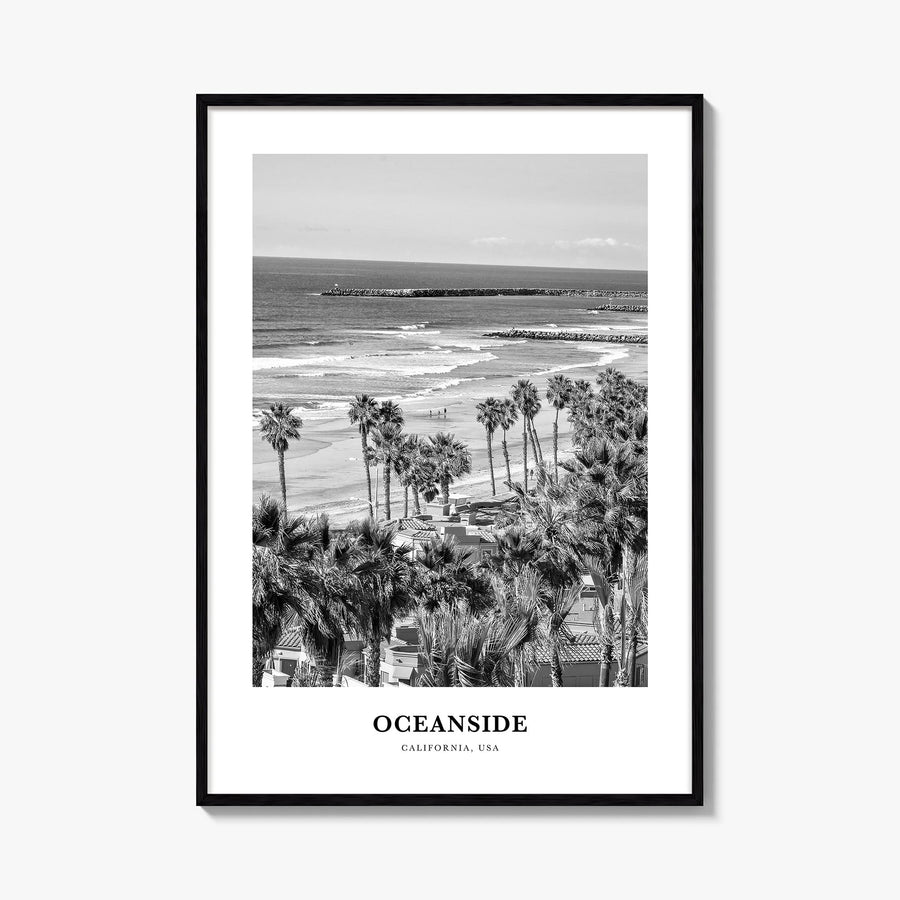 Oceanside no. 2 black & white classic poster of California, USA – vertical wall art, unframed print shown in interior mockup