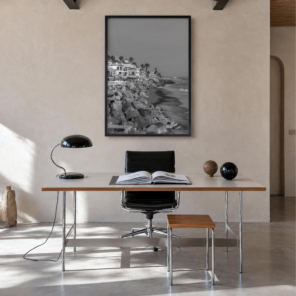 Oceanside no. 2 black & white photo poster of California, USA – vertical wall art in black wood frame, hanging on wall