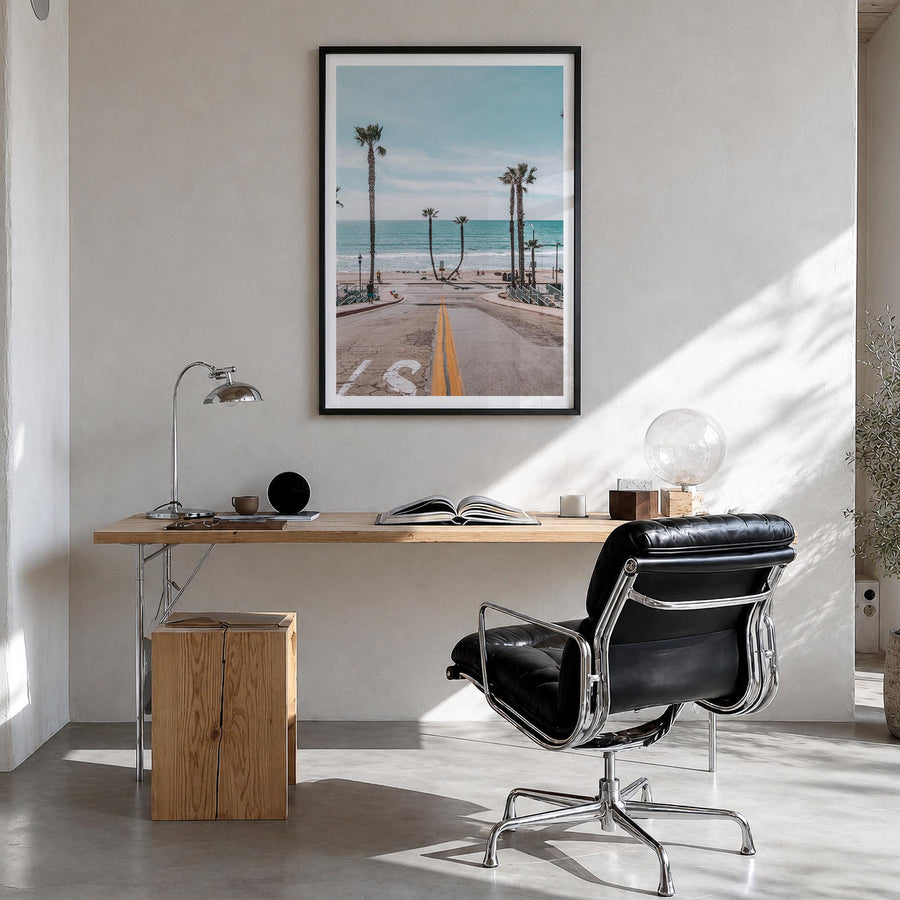 Oceanside no. 2 colorful photo poster of California, USA – vertical wall art in black wood frame with white border, hanging o