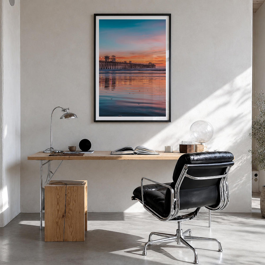 Oceanside no. 4 colorful photo poster of California, USA – vertical wall art in black wood frame with white border, hanging o