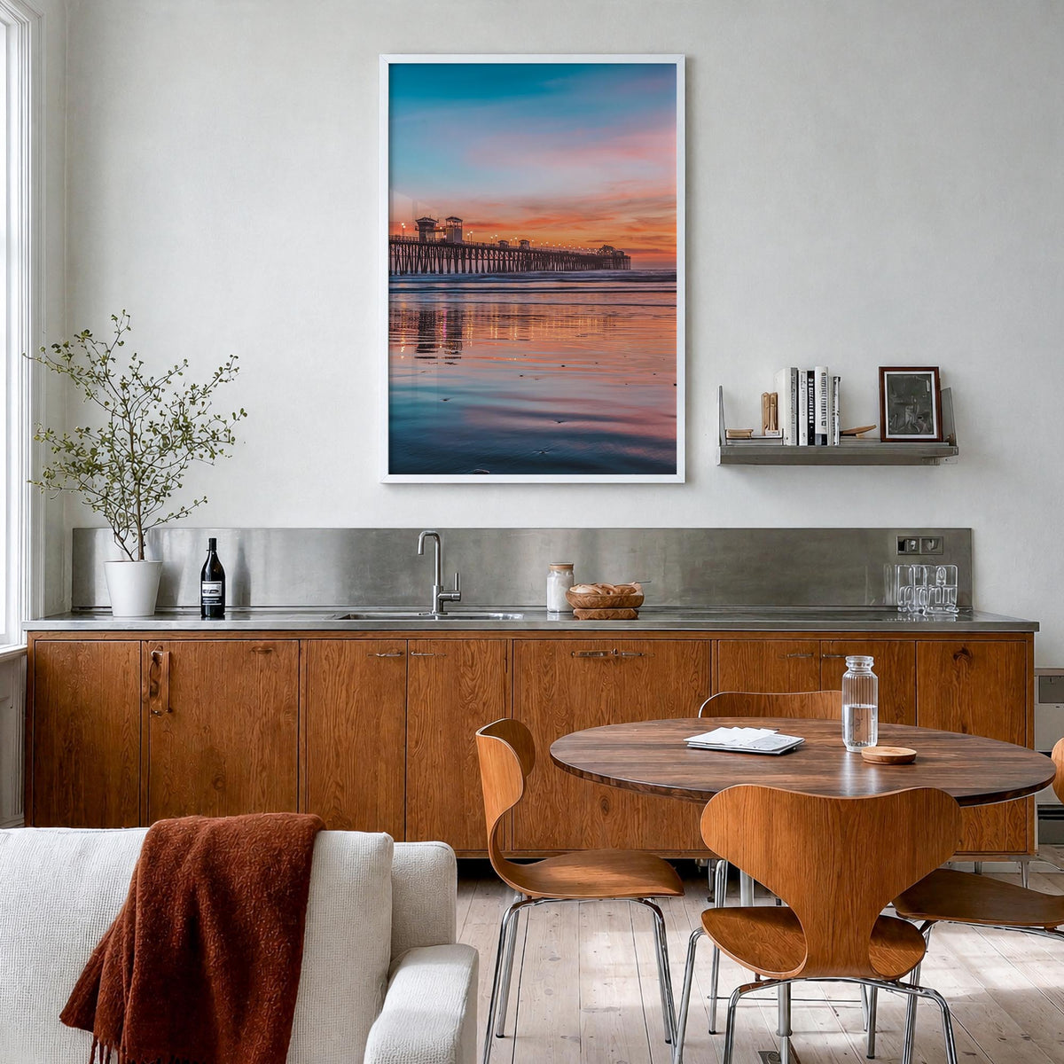 Oceanside no. 4 colorful photo poster of California, USA – vertical wall art in white wood frame, hanging on wall