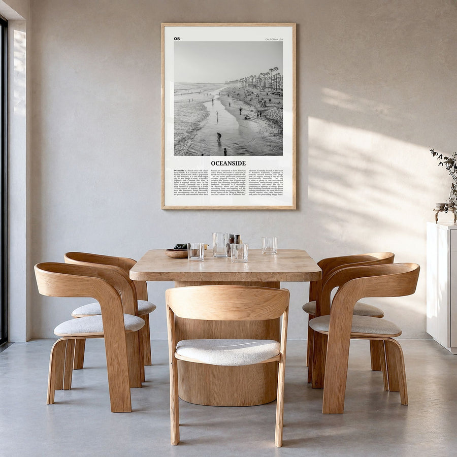 Oceanside Newspaper No 2 Poster in a natural wood frame, hanging in a dining room