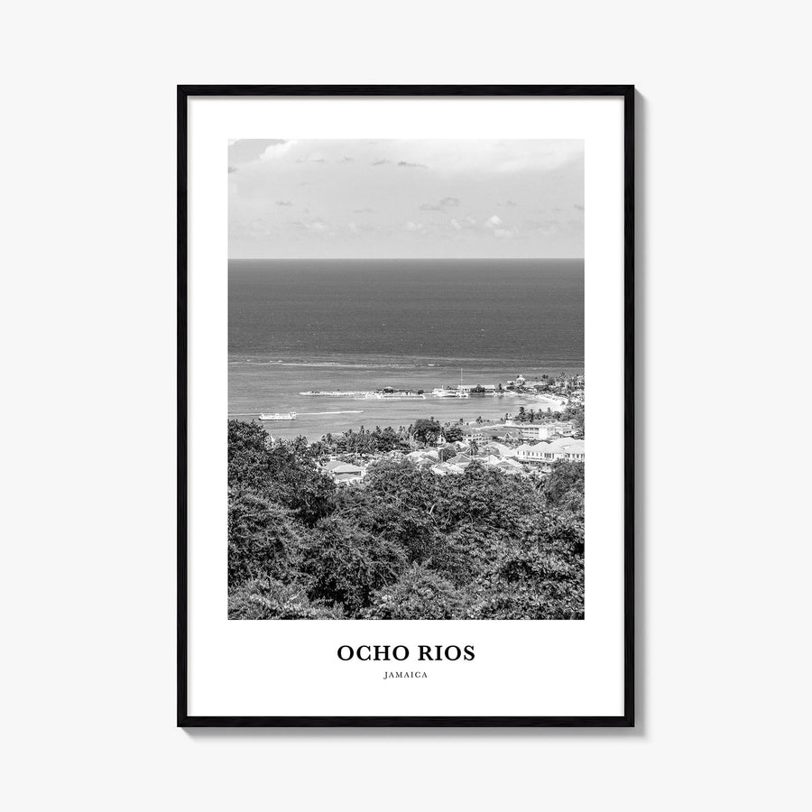 Ocho Rios black & white classic poster of Jamaica – vertical wall art, unframed print shown in interior mockup