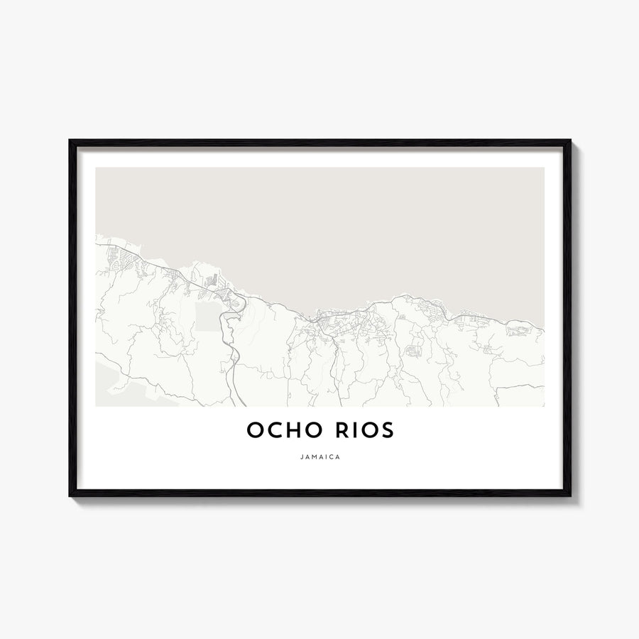 Ocho Rios black & white map poster of Jamaica – horizontal wall art, unframed print shown in interior mockup