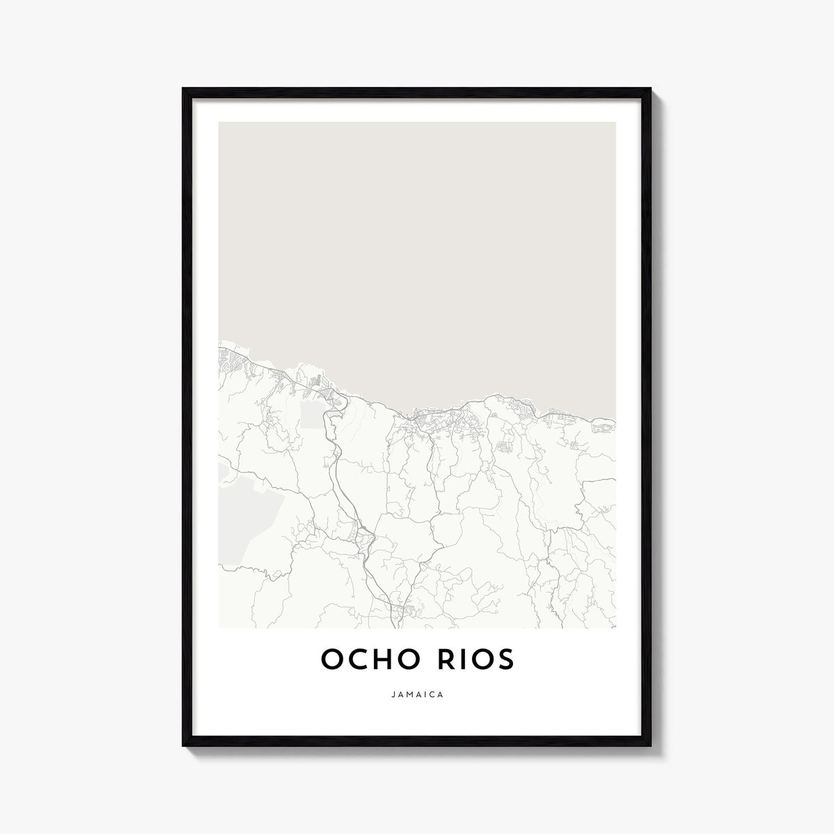 Ocho Rios black & white map poster of Jamaica – vertical wall art, unframed print shown in interior mockup