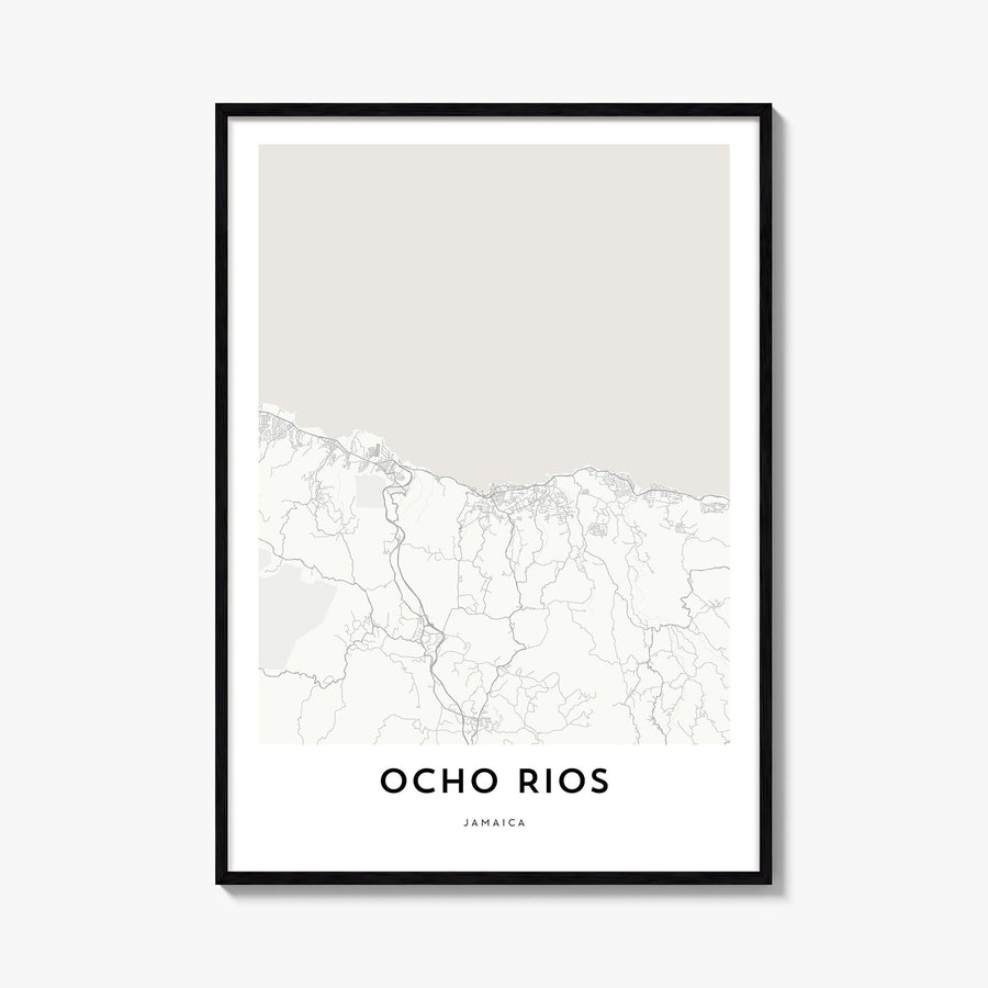 Ocho Rios black & white map poster of Jamaica – vertical wall art, unframed print shown in interior mockup